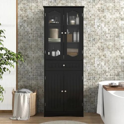 Armoire De Rangement Costway, 2 Portes Et 1 Tiroir, 2 Etagères Réglables, Pour Salle De Bain, Cuisine, Salon, 60 X 30 X 160 Cm Noir