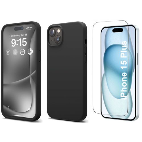 Coque Silicone Noir + Verre Trempe Pour Iphone 15 Plus Little Boutik©