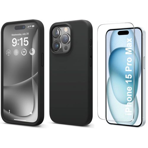 Coque Silicone Noir + Verre Trempe Pour Iphone 15 Pro Max Little Boutik©