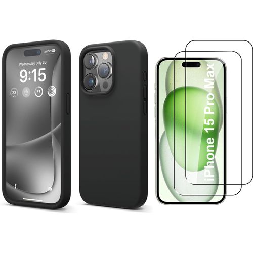 Coque Silicone Noir + 2 Verres Trempes Pour Iphone 15 Pro Max Little Boutik©