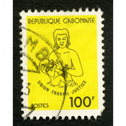 Timbre Oblitéré République Gabonaise, Union, Travail, Justice, Postes, 100 F