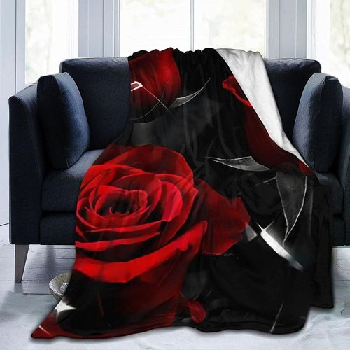 Micro-Couverture Ultra-Douce Rose Rouge Feu Et Feuilles Noires