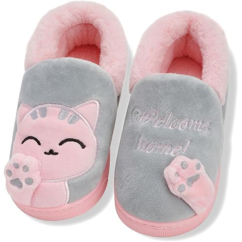 Chausson Fille Peluche Pantoufle Enfant Hiver Antidérapants Bébé Chaussures De Maison Slippers, Gris Chat,eu, Taille Du Fabricant 220