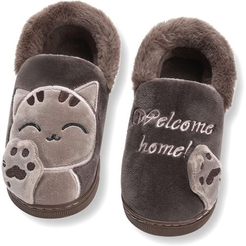 Pantoufles Hiver Pour Garçons Filles Chausson De Maison D'enfants Chaussures De Maison Chaudes Antidérapant, Café Chat,eu, Taille Du Fabricant 14-15