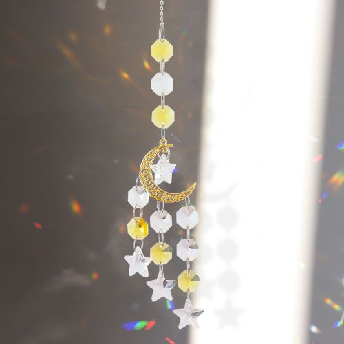 Carillons éoliens en cristal en métal, hexagone étoile lune capteur de soleil fenêtre capteur de rêves suspendu jardin extérieur, décoration de la maison
