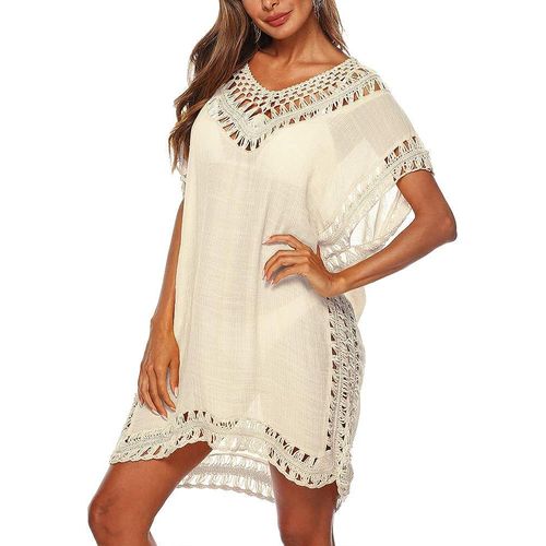 Robe De Plage Court Manches Courts Loose T-Shirts Col En V Cocktail Tunique Robe A-Line Bikini D?Été Cover Up Chic Robe Sexy Cache-Maillots Beachwear(Beige?Taille Unique)
