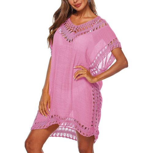 Robe De Plage Court Manches Courts Loose T-Shirts Col En V Cocktail Tunique Robe A-Line Bikini D?Été Cover Up Chic Robe Sexy Cache-Maillots Beachwear(Rose?Taille Unique)