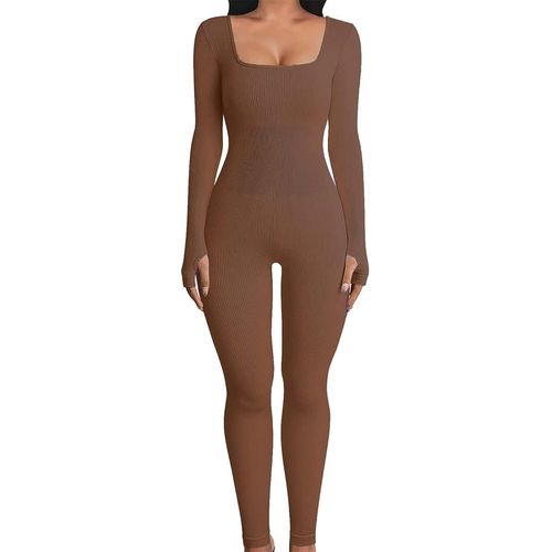 Femme Combinaison De Sport, Jumpsuit Moulante Sexy Col Carré Vêtement De Sport Une Pièce En Tricot Côtelé Survêtements Playsuit Bodysuit Extensible Manches Longues