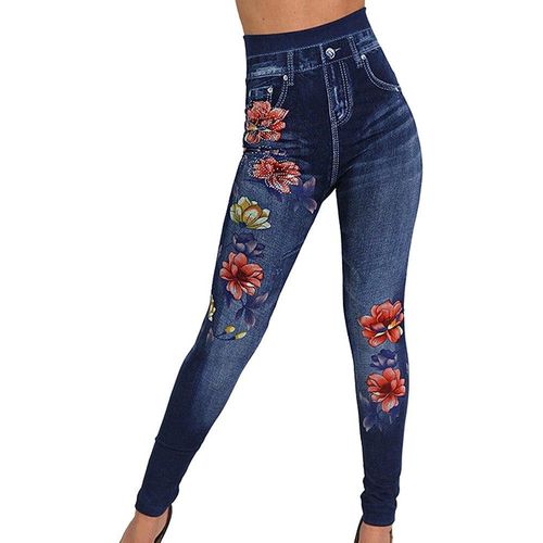 Femme Jeans Taille Haute Motif Fleurs De Roses Avec Strass Pantalons Elasticité Slim