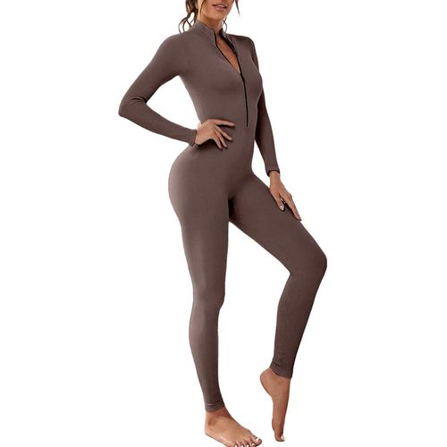 Femme Combinaison De Sport, Jumpsuit Moulante Sexy Manches Longues Vêtement De Sport Une Pièce En Tricot Côtelé Survêtements Bodycon Extensible