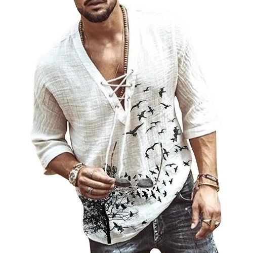 Chemise À Manches 7/8 Homme T-Shirt Col En V Basic Vintage Blouse Respirant Veste Décontracté Shirt Cordon De Serrage Sexy Tunique Coton Été Plage Vacances