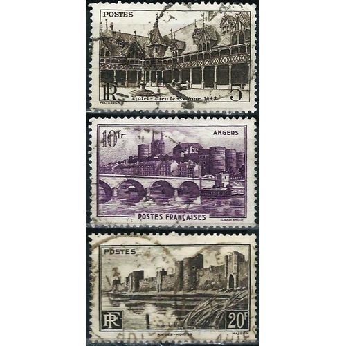 France 1941, Belle Série Monuments Et Sites, Timbres Yvert 499 Hotel Dieu De Beaune, 500 Angers Et 501 Aigues Mortes, Oblitérés, Tbe.