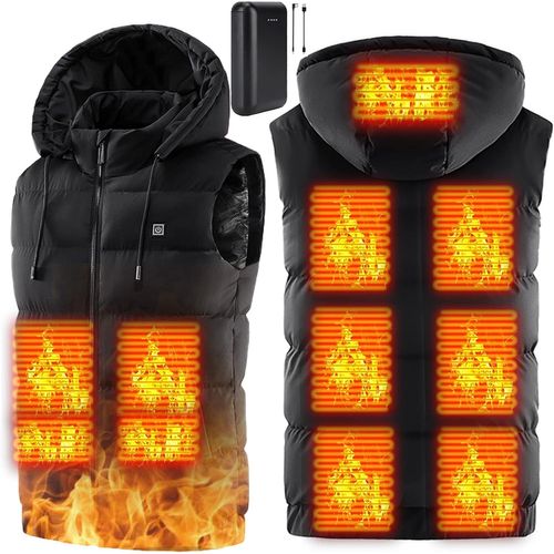 Gilet Chauffant Pour Hommes Avec 10000mah Batterie De Veste Chauffante, Avec Chapeau Amovible, 9 Zons Chauffantes, Etanche Et Lavable En Machine