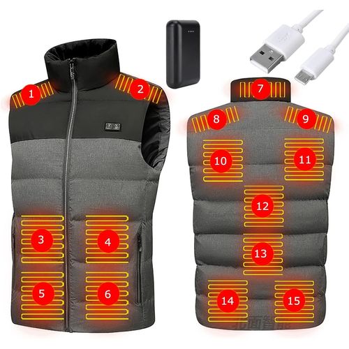 Gilet Chauffant, Veste Chauffante Homme Avec 10000mah Batterie, Hiver Lavable Chauds Gilet Chauffé Avec 15 Zones De Chauffage Pour Le Ski, Le Camping, La Pêche Sur,L,Grey