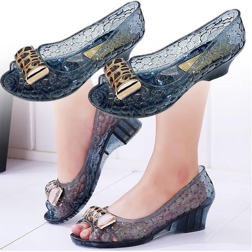 Sandales En Gelée Pour Femmes Talons Mi-Hauts Sandales Compensées Peep Toe Glitter Femmes Été Transparent Pvc Cristal Clair Chaussures Plage Jelly Chaussure Robe Sandale,Eu38.5, Navy