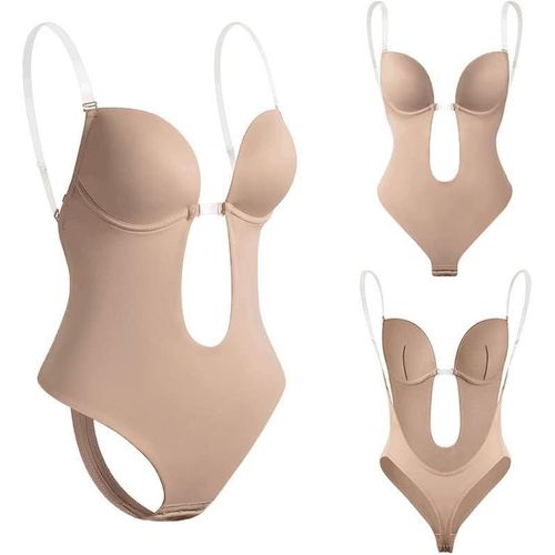 Soutien-Gorge Dos Nu Pour Femmes Col En V Profond Bretelles Transparentes Sans Couture Coupe Slim Femme Culotte Taille Haute Contrôle Du Ventre Réglable