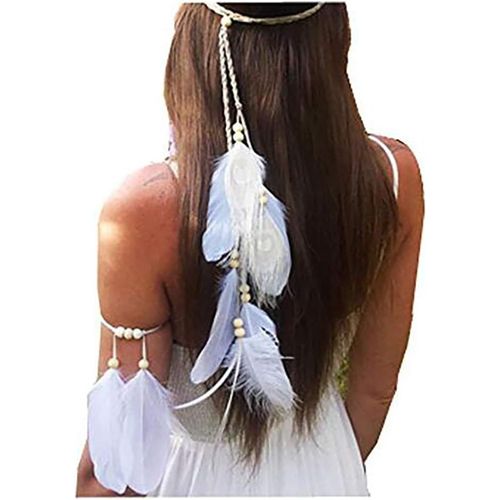 Lot De 2 Serre-Têtes Pour Femme Avec Plumes De Paon Blanches - Style Hippie - Fait À La Main - Style Tribal Indien - Accessoire De Mariage