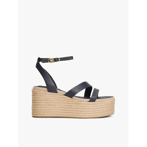 Espadrilles Compensées En Cuir Ankle Strap Leather Platform/space Blue