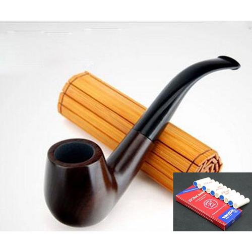 Pipe à fumer en bois d'ébène naturel fait à la main, ronde, pochette et support, 10x9mm, filtres FT508