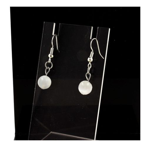 Boucles D'oreilles En Acier Inoxydable 1 Perle Selenite Du Maroc 8 Mm. Fabriqué En France.