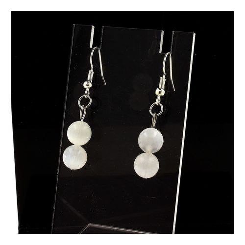 Boucles D'oreilles En Acier Inoxydable 2 Perles Selenite Du Maroc 8 Fabriqué En France.