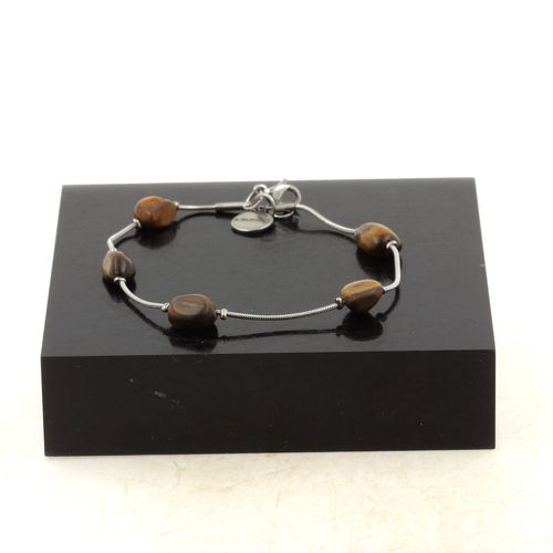 Bracelet En Acier Inoxydable 5 Perles Oeil De Tigre D'afrique Du Sud Fabriqué En France.