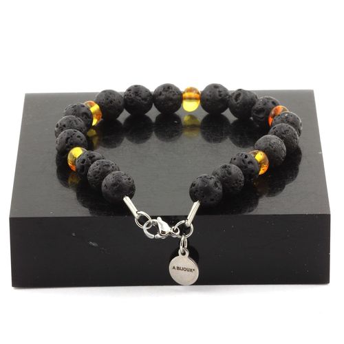 Bracelet Perles Ambre Véritable De La Mer Baltique + Lave 8 Mm En Fabriqué En France.