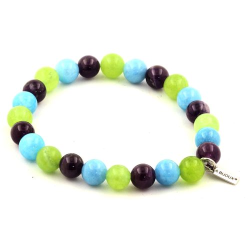 Bracelet Perles Améthyste + Calcédoine Bleu + Péridot 8 Mm. Fabriqué En France.