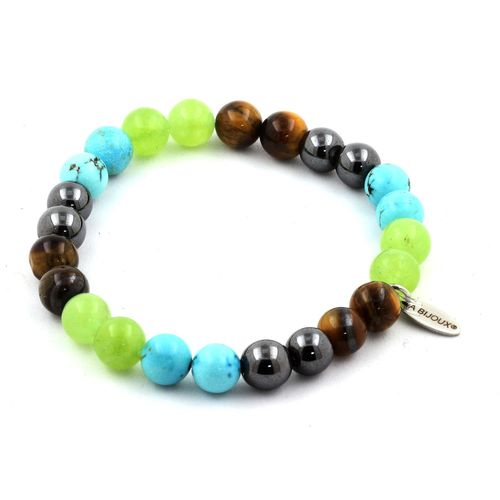 Bracelet Perles Péridot + Oeil De Tigre + Turquoise + Hématite 8 Mm. Fabriqué En France.