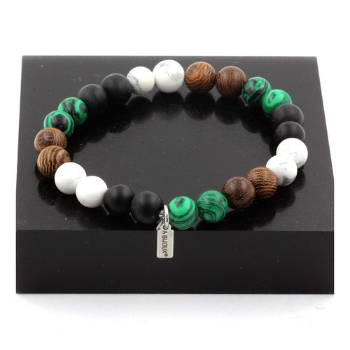 Bracelet Perles Howlite + Malachite + Onyx Noir Mat + Bois 8 Mm. Fabriqué En France.