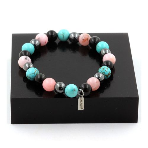Bracelet Perles Obsidienne Noire + Hématite + Opale Rose + Turquoise 8 Fabriqué En France.