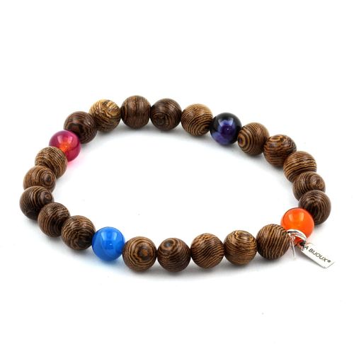 Bracelet Perles Agate Rubanée Multicolore + Bois 8 Mm. Fabriqué En France.