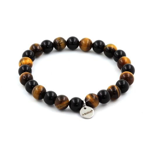 Bracelet Perles Oeil De Tigre + Agate Noire 8 Mm. Fabriqué En France.