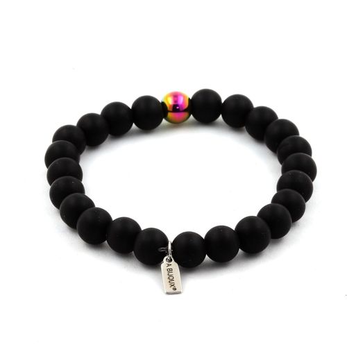 Bracelet Perles Onyx Noir Mat + Hématite Multicolore 8 Mm. Fabriqué En France.