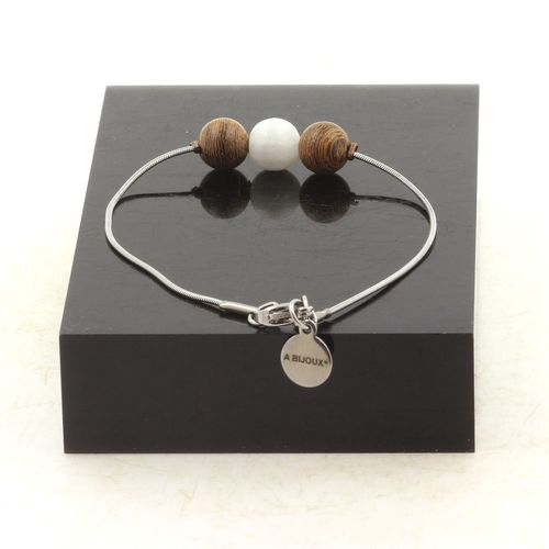Bracelet En Acier Inoxydable 1 Perle Selenite Du Maroc + Bois 8 Mm. Fabriqué En France.