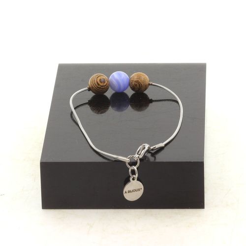Bracelet En Acier Inoxydable 1 Perle Agate Crazy Lace Bleu + Bois 8 Fabriqué En France.