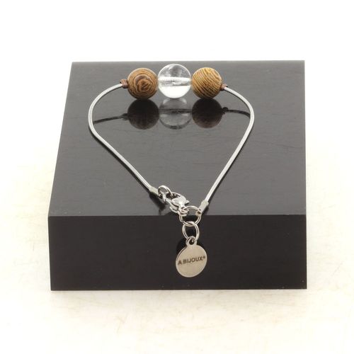 Bracelet En Acier Inoxydable 1 Perle Quartz Du Brésil + Bois 8 Mm. Fabriqué En France.