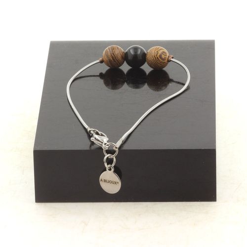 Bracelet En Acier Inoxydable 1 Perle Obsidienne Noire + Bois 8 Mm. Fabriqué En France.