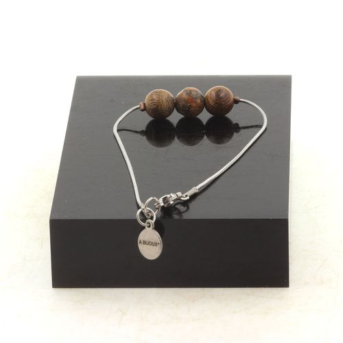 Bracelet En Acier Inoxydable 1 Perle Jaspe Léopard + Bois 8 Mm. Fabriqué En France.