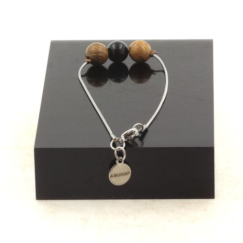 Bracelet En Acier Inoxydable 1 Perle Agate Noire + Bois 8 Mm. Fabriqué En France.