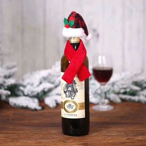 Couvre-petites bouteilles de vin de noël, Mini chapeaux de père noël, ensemble écharpe, bonnets, ornements de fête du nouvel an, décoration de dîner à la maison