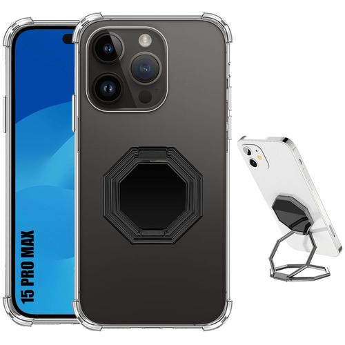 Coque Pour Iphone 15 Pro Max Silicone Transparent Avec Support Anneau Réglable Noir - E.F.Connection
