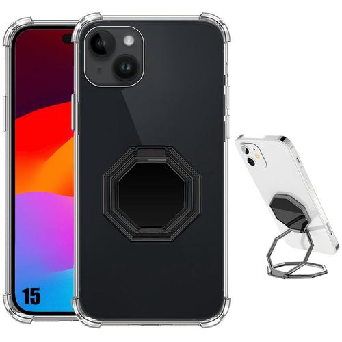 Coque Pour Iphone 15 Silicone Ultra Slim Antichoc Avec Support Multi-Angle Rotation Noir - E.F.Connection