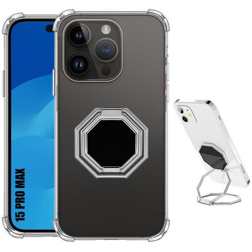 Coque Pour Iphone 15 Pro Max, Silicone Ultra Slim Antichoc Avec Support Multi-Angle Rotation Argenté - E.F.Connection