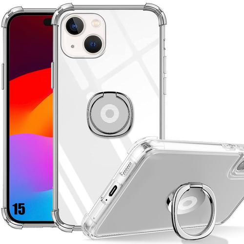 Coque Silicone Pour Iphone 15 Antichoc Transparent Avec Support Bague Argenté Réglable - E.F.Connection