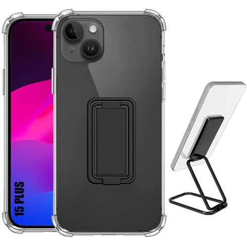 Coque Pour Iphone 15 Plus - Silicone Ultra Antichoc Transparent Avec Support Réglable Métal Noir - E.F.Connection