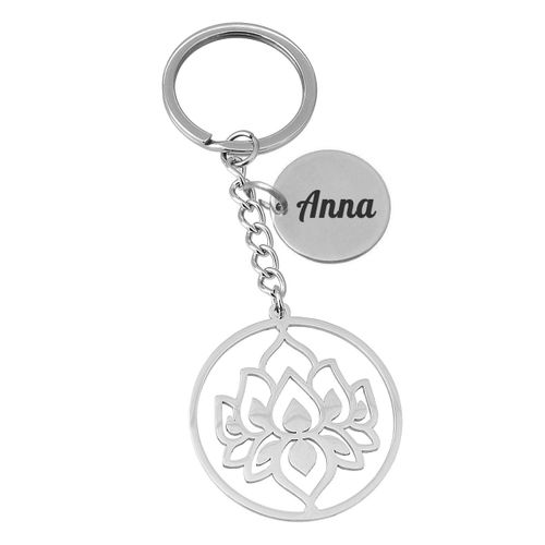 Porte-Clés Fleur De Lotus Dans Un Cercle Acier Inoxydable Gravure Personnalisée Sur Médaille