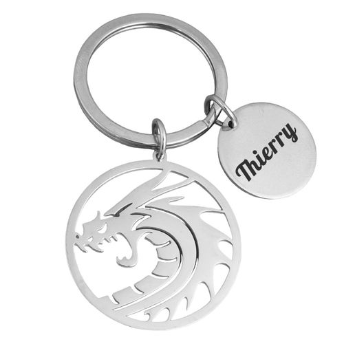 Porte-Clés Dragon Dans Un Cercle Acier Inoxydable Gravure Personnalisée Sur Médaille