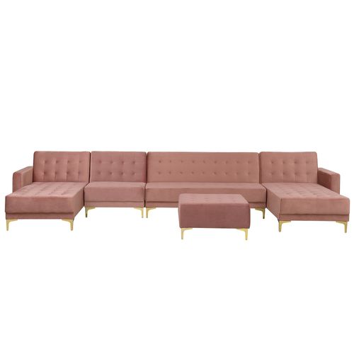 Grand Canapé Avec Pouf Ottoman Aberdeen Rose Velours Symétrique