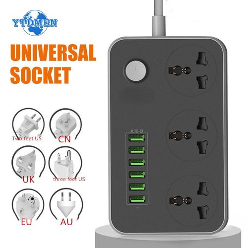 Multiprise universelle EU/US/UK, 5V, 3,4 A, 6 USB, station de charge, 3 prises, rallonge de câble de 2m, prises électriques